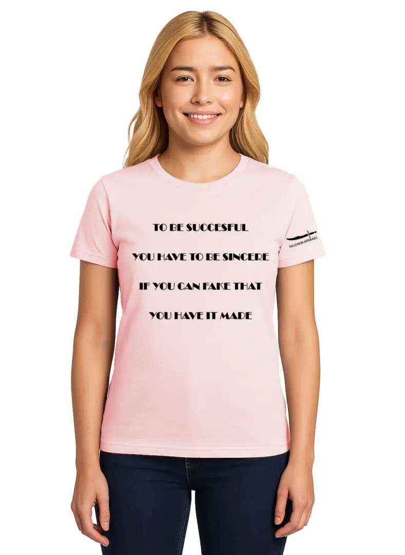 Woman wearing a pink shirt with a motivational quote about memories.