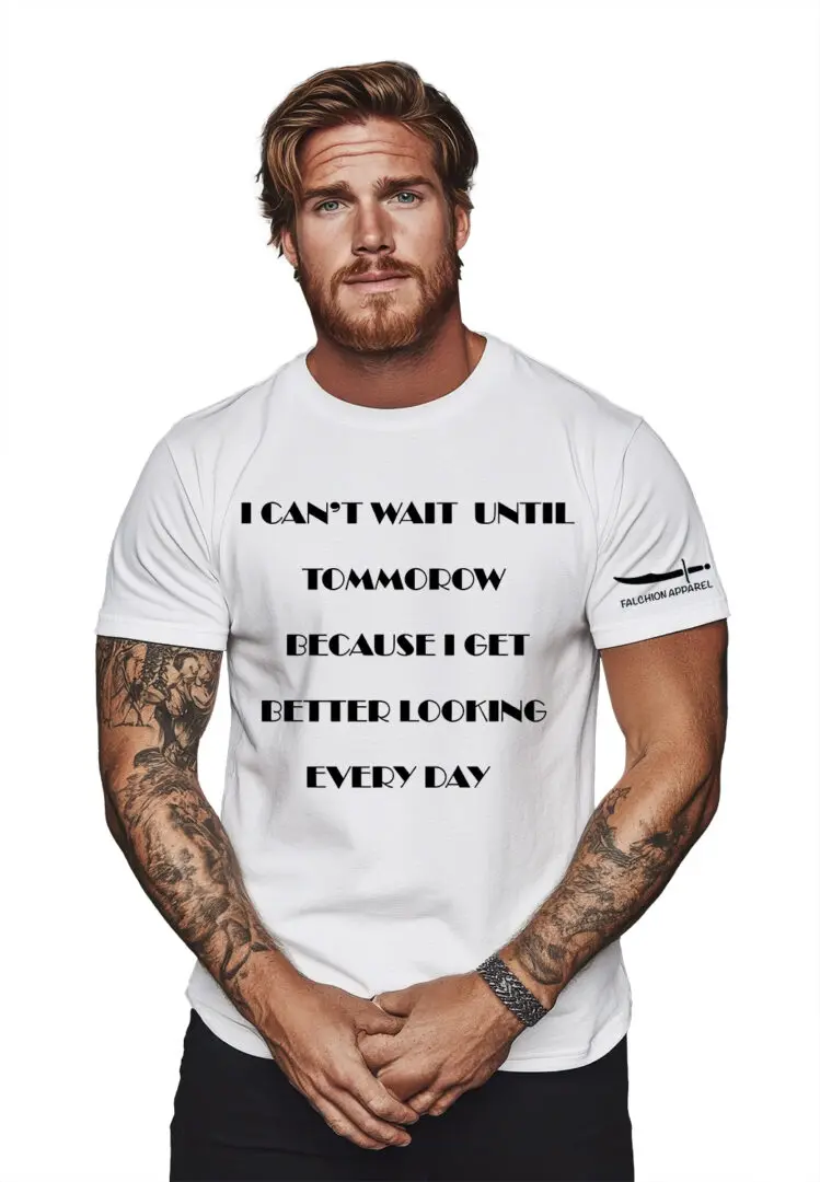 Man wearing a white T-shirt with bold black text.