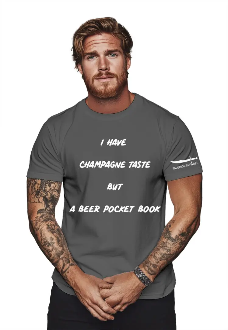 Man wearing a gray t-shirt with a humorous beer-related text.