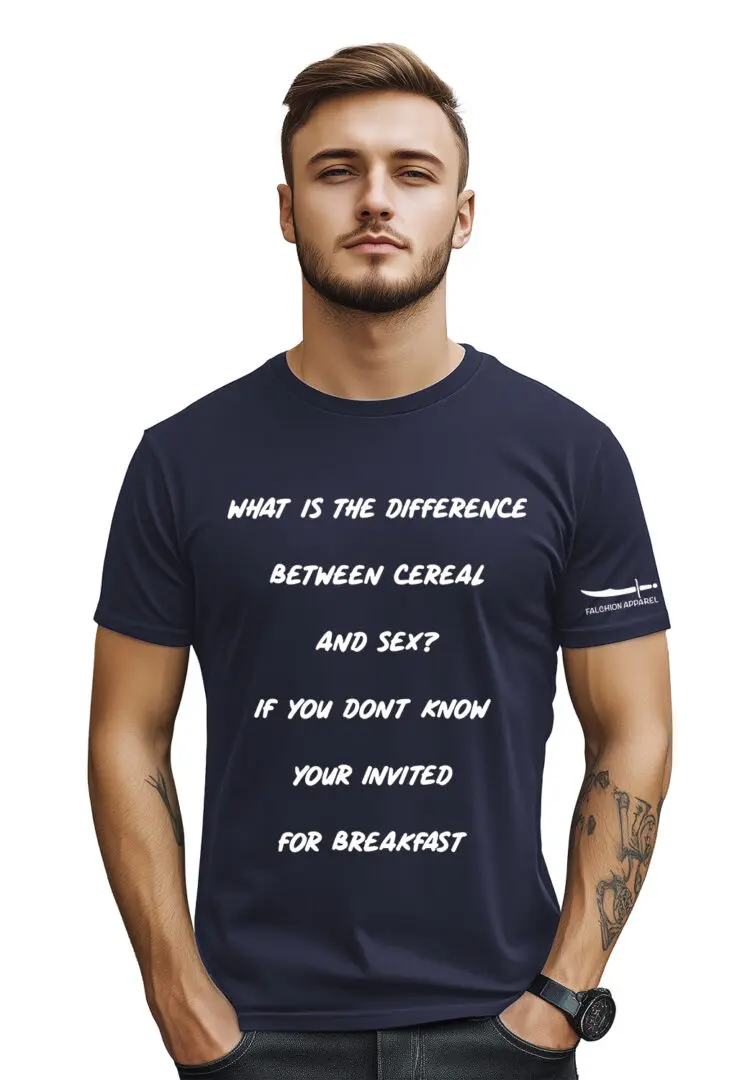 Man wearing a black t-shirt with a philosophical quote.