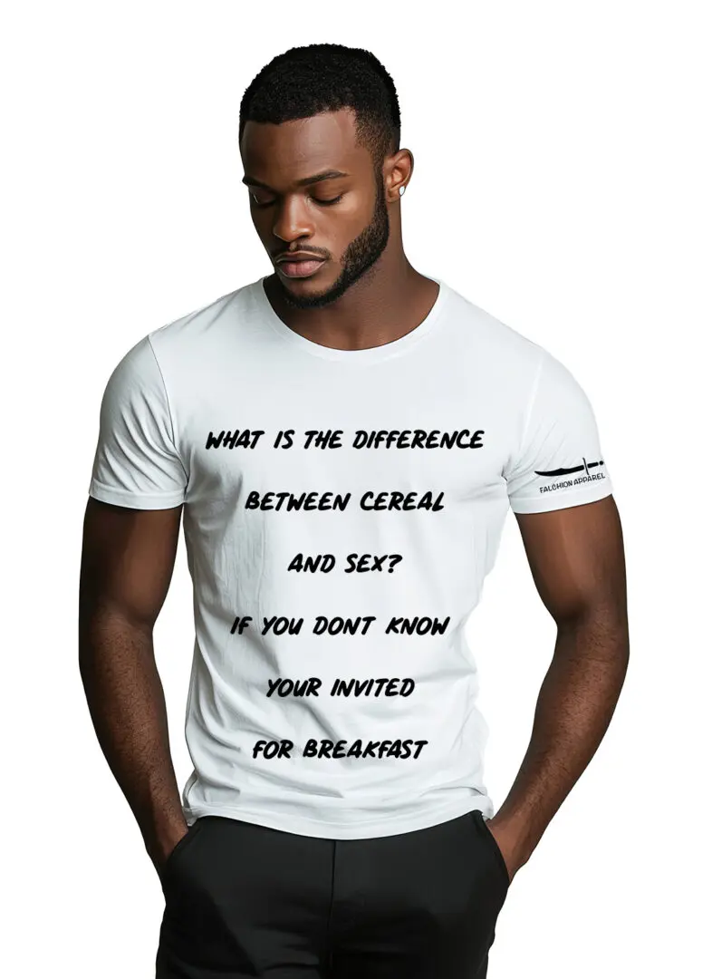 Man wearing a white T-shirt with a bold, inspirational quote.
