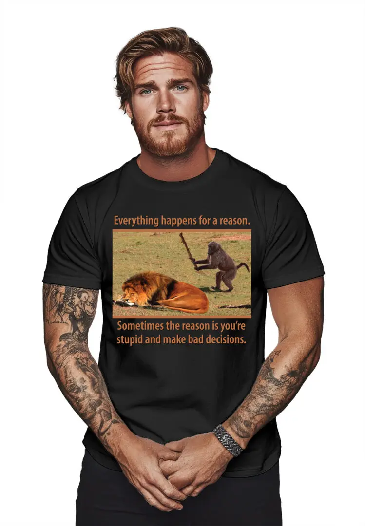 Black T-shirt with dinosaur and fossil design and humorous text.