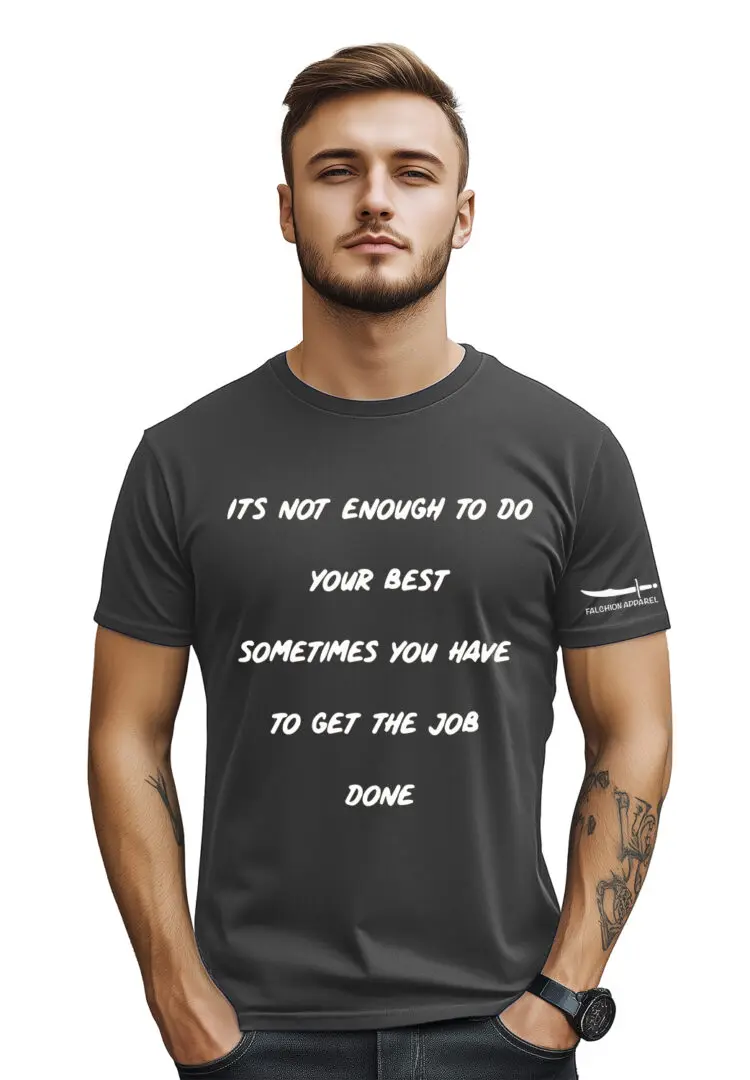 Man wearing a shirt with a motivational quote about patience and timing.