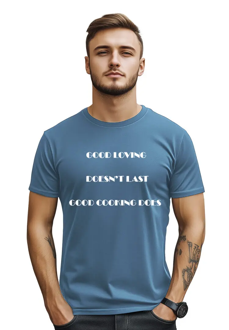Man wearing a blue t-shirt with white text.