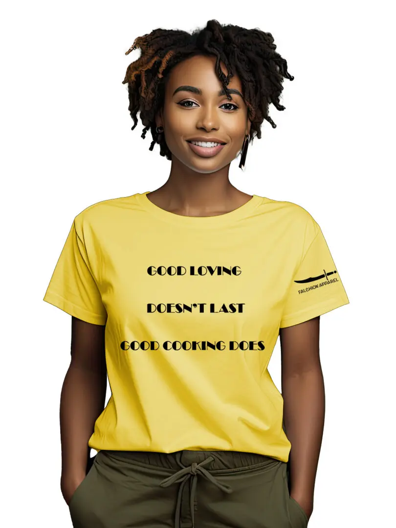 Smiling woman wearing a yellow t-shirt with repeated text design.