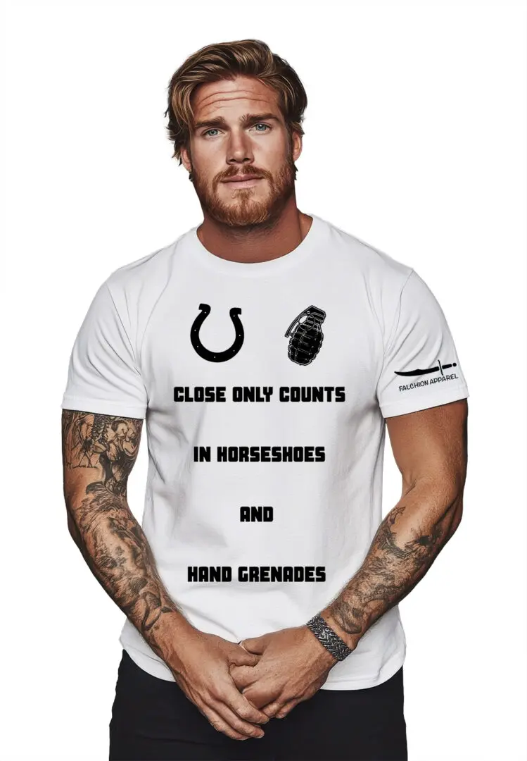 Man wearing a white T-shirt with a motivational phrase about horses.