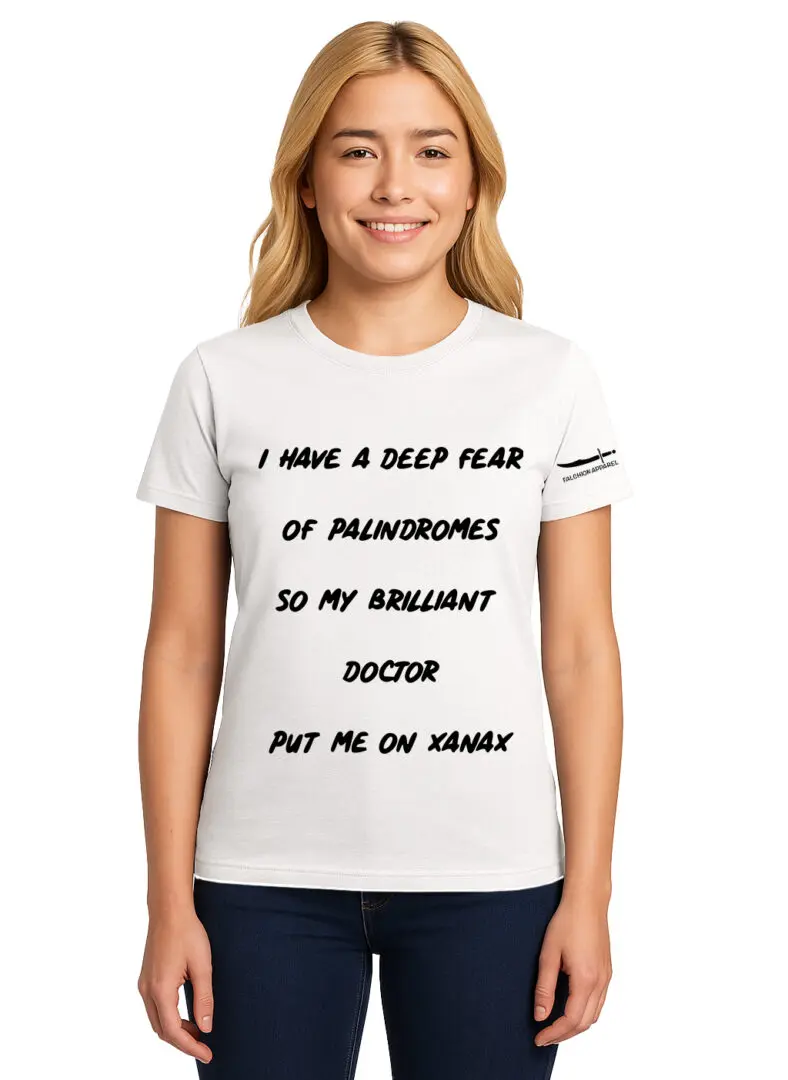 White T-shirt with humorous printed text about a sleep flag and migrant doctor.