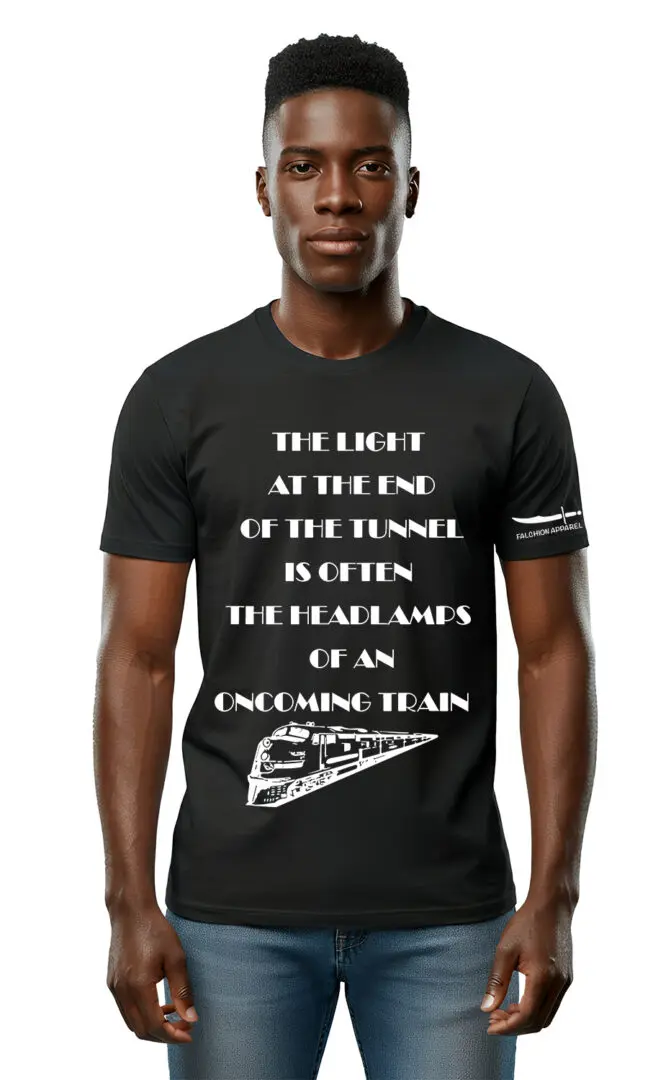 Man wearing a black T-shirt with a guitar-themed quote.
