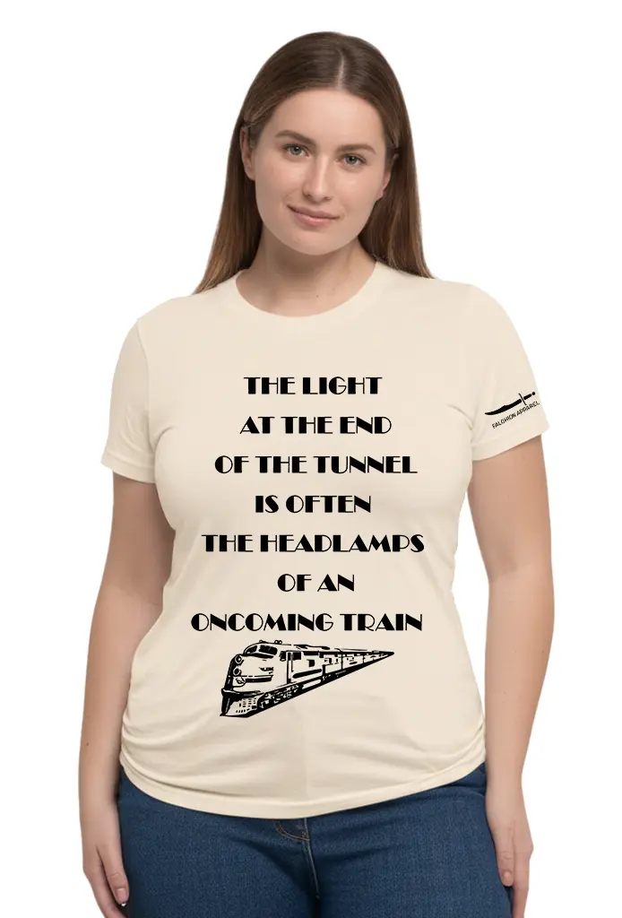 Beige T-shirt with motivational text about courage and confidence.