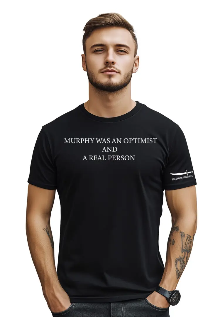 Man wearing a black T-shirt with text about atheism and a real person.