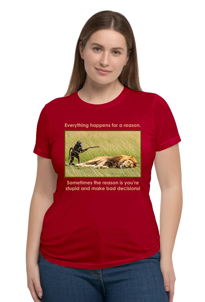Woman wearing a red shirt with a humorous vintage-style graphic about dinosaurs.