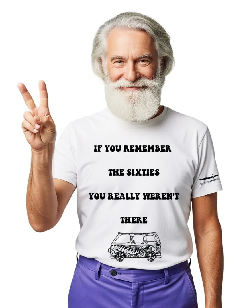 Smiling elderly man in a humorous t-shirt showing a peace sign.