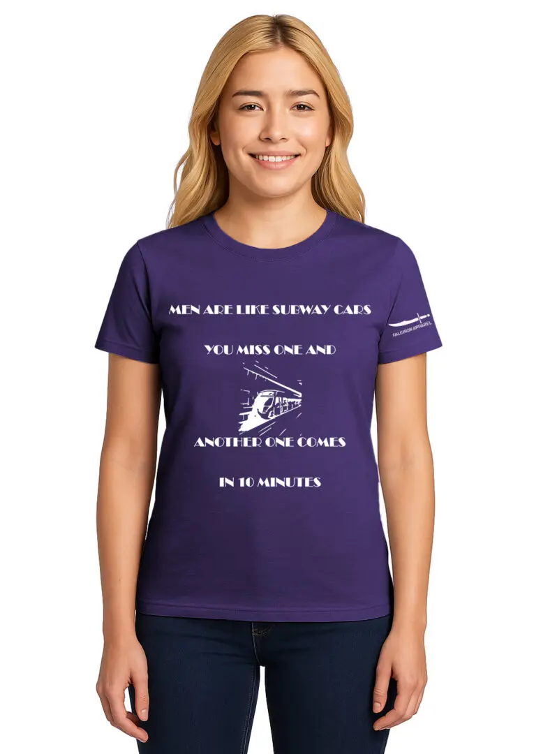 Woman wearing a purple T-shirt with a white graphic and text.