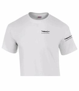 White cropped t-shirt with small black text on chest and sleeve.