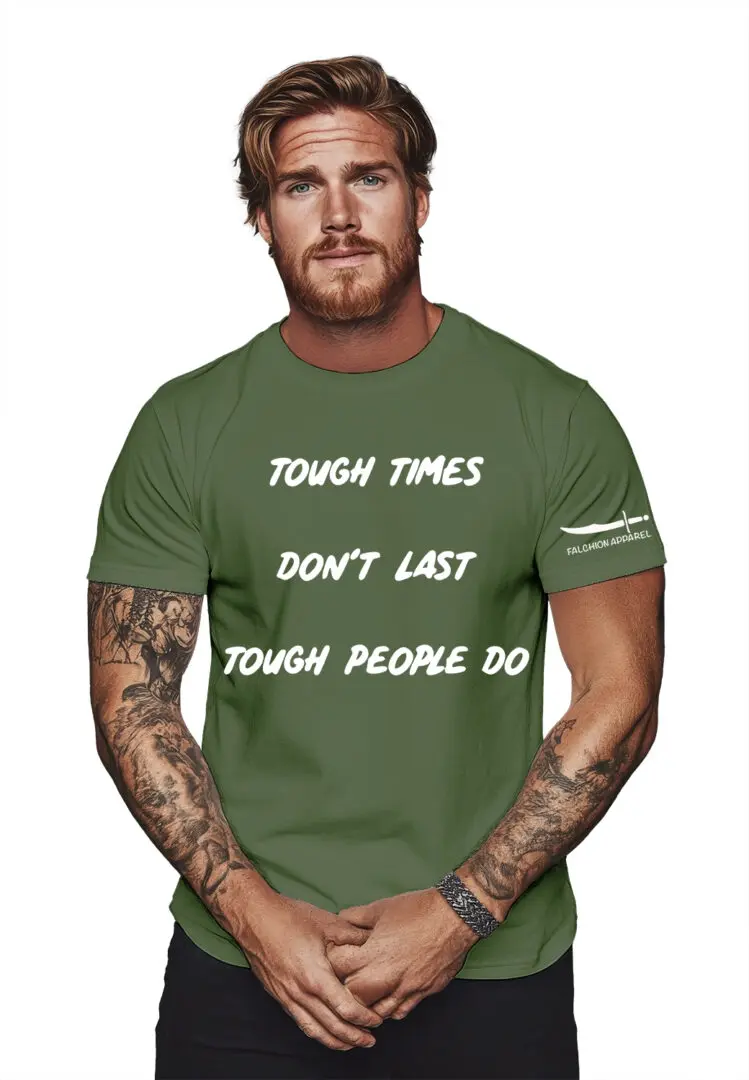 Man wearing a green t-shirt with a motivational quote.