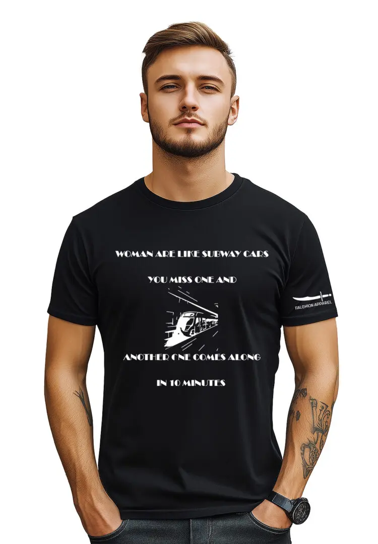 Man wearing a black t-shirt with white text and a graphic design.