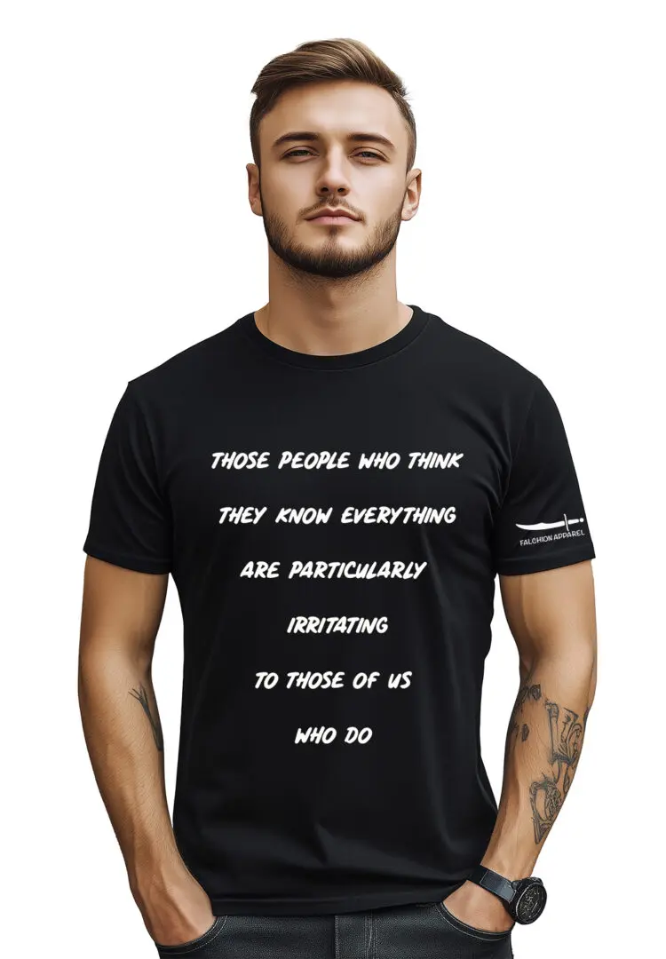 Man wearing a black t-shirt with a bold white text message.