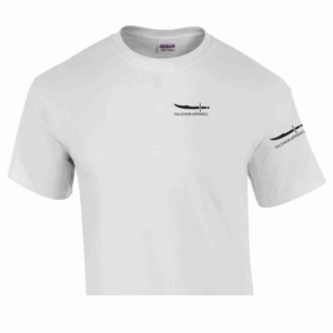 White cropped t-shirt with small black text on chest and sleeve.