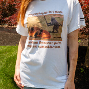 Person wearing a white T-shirt with a dinosaur and volcano design.
