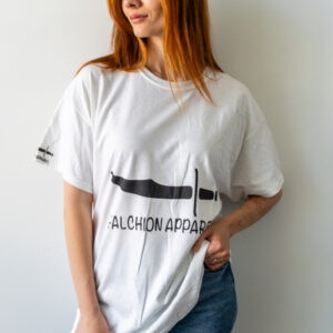 Woman wearing a white graphic t-shirt with text and a design.